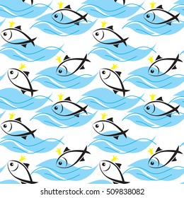 Seamless pattern with fish on a white background. Vector illustration.