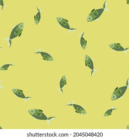 Seamless pattern fish on yellow background. Minimalist ornament with sea animals. Random template for fabric. Design vector illustration.