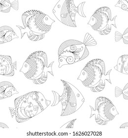 seamless pattern Fish, ornamental graphic fish, floral line pattern. Vector. Zentangle doodle. Coloring book page for adult. Hand drawn artwork. concept for restaurant menu card. Black and white