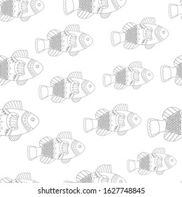 seamless pattern Fish, ornamental graphic fish, floral line pattern. Vector. Zentangle doodle. Coloring book page for adult. Hand drawn artwork. concept for restaurant menu card. Black and white