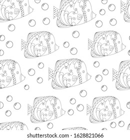 seamless pattern Fish, ornamental graphic fish, floral line pattern. Vector. Zentangle doodle. Coloring book page for adult. Hand drawn artwork. concept for restaurant menu card. Black and white