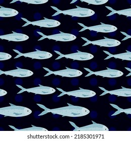 Seamless pattern of fish and polka dots for textile, wallpaper, backdrop, and gift wrapper.