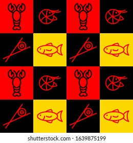 seamless pattern of fish, prawn, lobster, . Fit to place on packaging design, food court wallpaper, culinary event backdrop, etc.