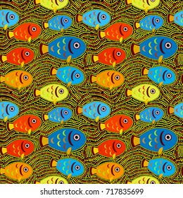 Seamless pattern Fish red blue yellow orange on a black multicolored bright background in polka dots. Vector