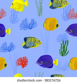 seamless pattern fish red sea on blue background
