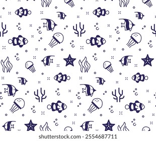 Seamless pattern with fish. Repeating design element for printing on fabric. Underwater flora and fauna. Sea and ocean world. Wallpaper and texture. Linear vector illustration