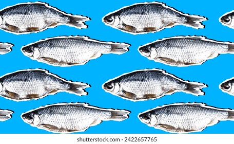 Seamless pattern with fish in retro collage style. Fish with a colored halftone effect on a blue background. Vector background for seafood restaurant, menu, store.