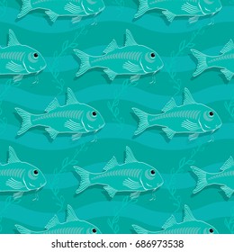 Seamless pattern  with fish. Retro underwater pattern on aquamarine background.