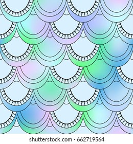Seamless pattern of fish scales. Blue and transparent scales of fish and mermaid on colorful background. Beautiful squama background for your design