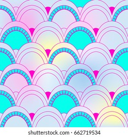 Seamless pattern of fish scales. Colorful universal fish and mermaid scales on rainbow background. Beautiful squama background for your design