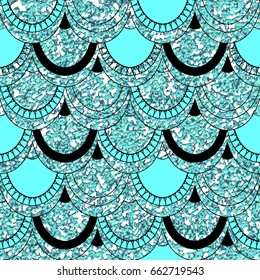 Seamless pattern of fish scales. Scales of fish and mermaid on brilliant blue background. Beautiful shining squama background for your design