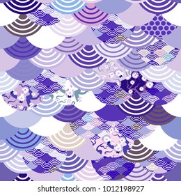 seamless pattern fish scales simple Nature background with japanese sakura flower, pink Cherry, wave circle ultraviolet purple violet colors. Vector