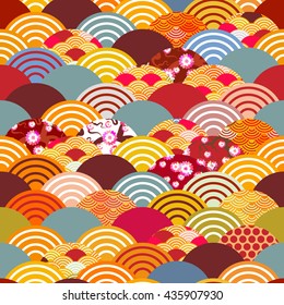 seamless pattern fish scales simple seamless pattern Nature background with japanese sakura flower, rosy pink Cherry, wave circle pattern blue orange red burgundy colors. Vector