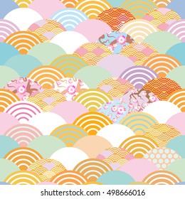 seamless pattern fish scales simple seamless pattern Nature background with japanese sakura flower, rosy pink Cherry, wave circle pattern blue orange red green pastel colors. Vector illustration