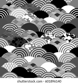 seamless pattern fish scales simple Nature background with japanese sakura flower, Cherry, wave circle Black gray white colors. geometric print, trendy backdrop. Vector illustration