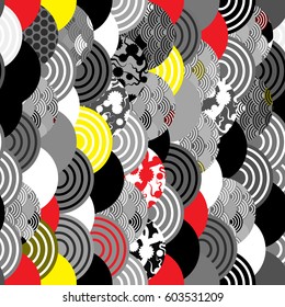 seamless pattern fish scales simple Nature background with japanese sakura flower, Cherry, wave circle Black gray white Red Yellow colors. geometric print, trendy backdrop. Vector