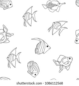 seamless pattern with fish, sea animals, black and white sketches, hand drawing, vector illustration