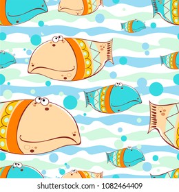 Seamless pattern. Fish in the sea. Decorative fish background. Colorful bright cheerful fish. Cartoon-style. Children's theme. Vector.