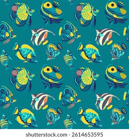Padrão sem emenda com peixes, textura do oceano marinho, aquário, ilustração vetorial, fundo marinho repetitivo