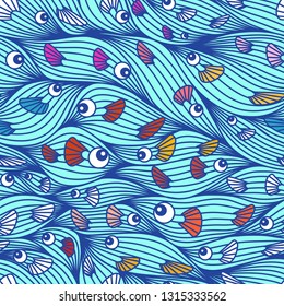 Seamless pattern with fish. Sea waves and fish. Vector illustration.