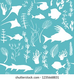 Seamless pattern with fish and seaweed Silhouettes, vector illustration