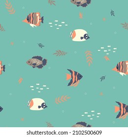 Seamless pattern with fish, seaweed and starfish. Vector graphics.