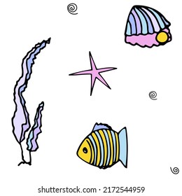 Seamless pattern with fish, shell with a pearl, corals, swirls and starfish. Vector illustration for print, textile, childrens clothing, wrapping paper, menu, for kids.