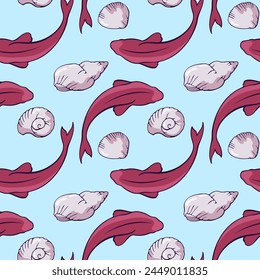 seamless pattern with fish and shells on blue background. vector illustration.