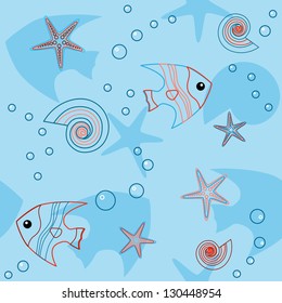 Seamless pattern with fish, shells and seastars
