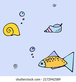 Seamless pattern with fish, shells and starfish with bubbles for boys. Vector illustration for print, textile, childrens clothing, wrapping paper, menu, for kids.