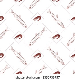 Seamless pattern with fish and shrimps on a white background. Vector illustration