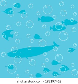 Seamless pattern with fish silhouettes and bubbles