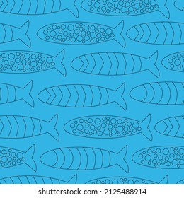 Siluetas de peces de patrón inquebrantable, patrón repetido de sardina de línea en estilo de linocut, boceto de vida marina