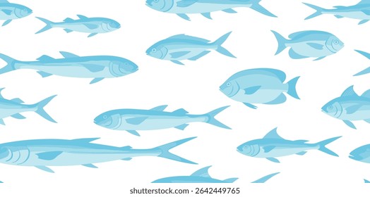 Seamless Pattern with fish silhouettes in soft watercolor shades. Drawing of school for marine design, wrapping paper or textile design. Ornament with nautical animals for wallpaper or fabric