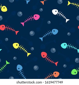 Seamless pattern with fish skeleton. Fish bones Doodle of a dead fish silhouettes on a blue background. All elements are editable. Vector illustration