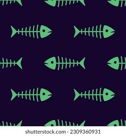 Seamless pattern with fish skeleton. Good for Halloween cards, textile, print. Isolated vector.