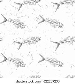 seamless pattern with fish skeleton and hook on dust white background