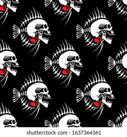 Seamless pattern. Fish skeleton with a human skull. Skeleton in love. Unusual greeting card for Valentines day or Halloween. Valentine in the gothic style. Great for t-shirt, tattoo and more.