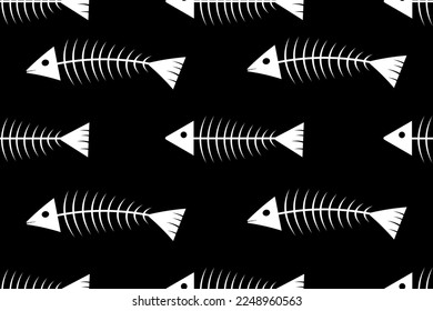 Seamless pattern with fish skeleton. Minimalist print design for wallpaper and bed linen with the image of black and white fish bones. Minimalism in Japanese style.
