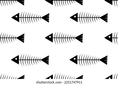 Seamless pattern with fish skeleton. Minimalist print design for wallpaper and bed linen with the image of black and white fish bones. Minimalism in Japanese style.