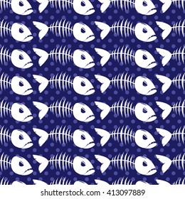 Seamless pattern with fish skeleton on blue dotted background. Vector illustration.
