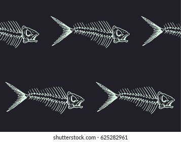 seamless pattern with fish skeleton on dark background