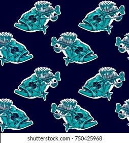 Seamless pattern with a Fish skeleton (serranidae) on a dark background. Vector illustration.