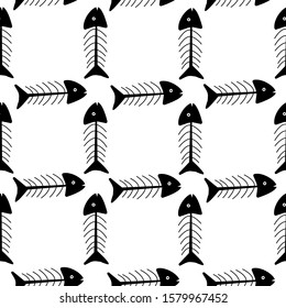 Seamless pattern of fish skeletons in doodle style, black and white colors. Simple seamless pattern for background, wrapping paper, design for dishes and clothes. Vector illustration