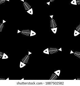 Seamless pattern with fish skeletons. Vector illustration on a black background.