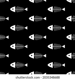 Seamless pattern with fish skeletons. Vector illustration on a black background.