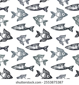  Seamless Pattern Fish in Sketch Style. Vector Hand Drawn Fish Background. Fish Illustration in Vintage Style