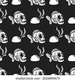 seamless pattern of fish skull stone and seaweed on black background