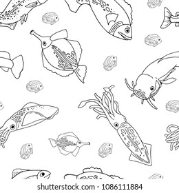 seamless pattern with fish and squid, black and white sketches, hand drawing, vector illustration