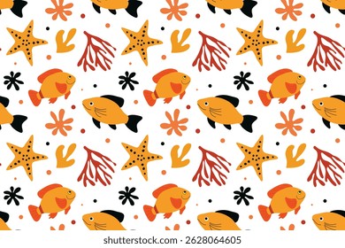 Seamless pattern of fish, starfish and coral on a white background. Flat style. Vector illustration